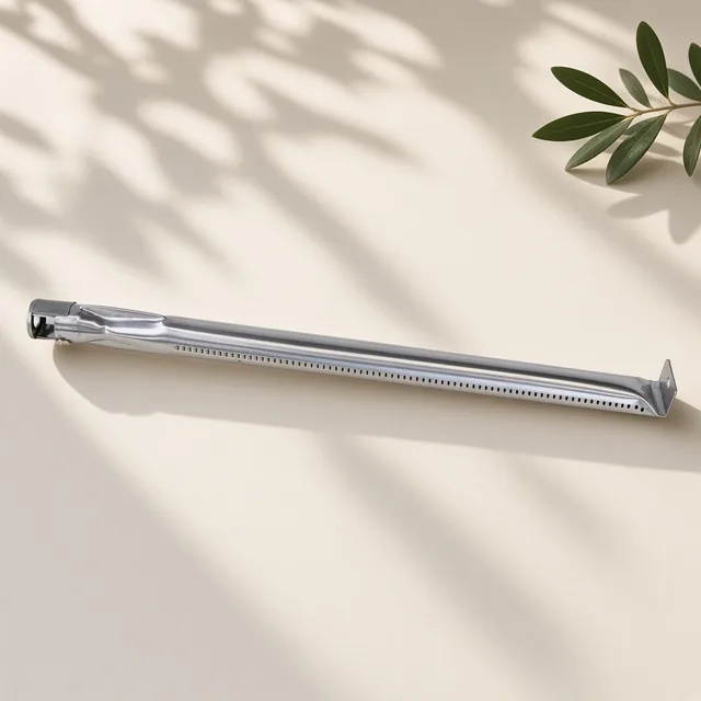 Illustration of a long steel gas griddle burner tube with flame ports