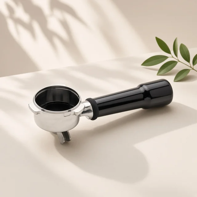 Illustration of a stainless 54mm espresso portafilter with black handle