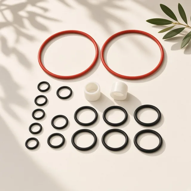 Illustration of an assortment of black and red O-rings and white bushings for a soft serve machine
