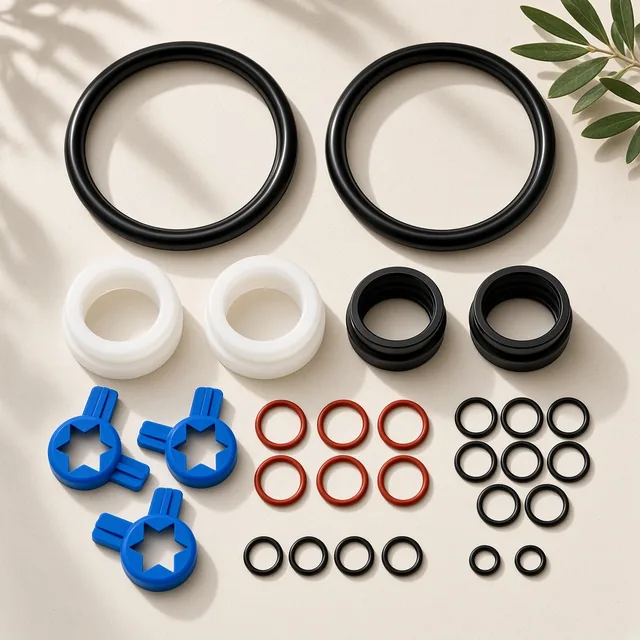 Illustration of a soft serve machine tune-up kit with O-rings, seals, bearings and door gaskets